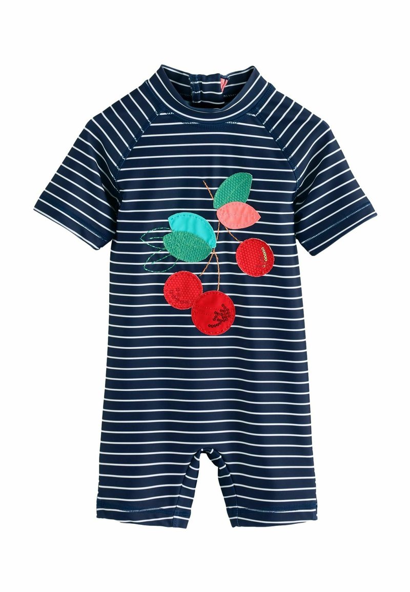 Marineblauwe gestreepte korte mouwen rash guard met rode en groene kersen applicatie. Voorzien van een hoge halslijn en een ritssluiting op de rug.