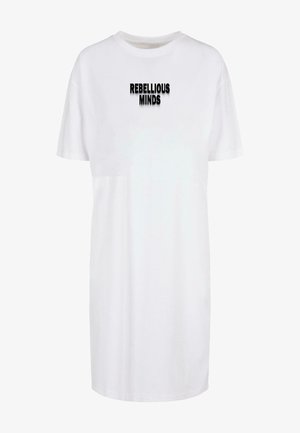 Valge puuvillane T-särgikleit lühikeste varrukatega, mille rinnal on keskel must kiri "REBELLISED MINDS" julge, modernse fondiga.