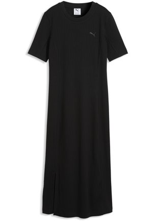 Schwarzes, geripptes Midikleid mit kurzen Ärmeln, Rundhalsausschnitt, leichtem Seitenschlitz und kleinem Puma-Logo auf der Brust.