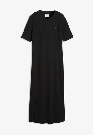 Schwarzes, geripptes Midikleid mit kurzen Ärmeln, Rundhalsausschnitt, leichtem Seitenschlitz und kleinem Puma-Logo auf der Brust.