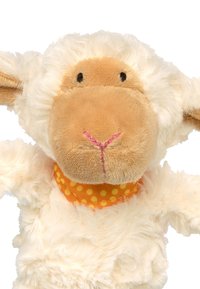 Plush sheep toy with a soft, white fluffy body, brown face, and orange polka-dot scarf. Features stitched facial details and floppy ears.