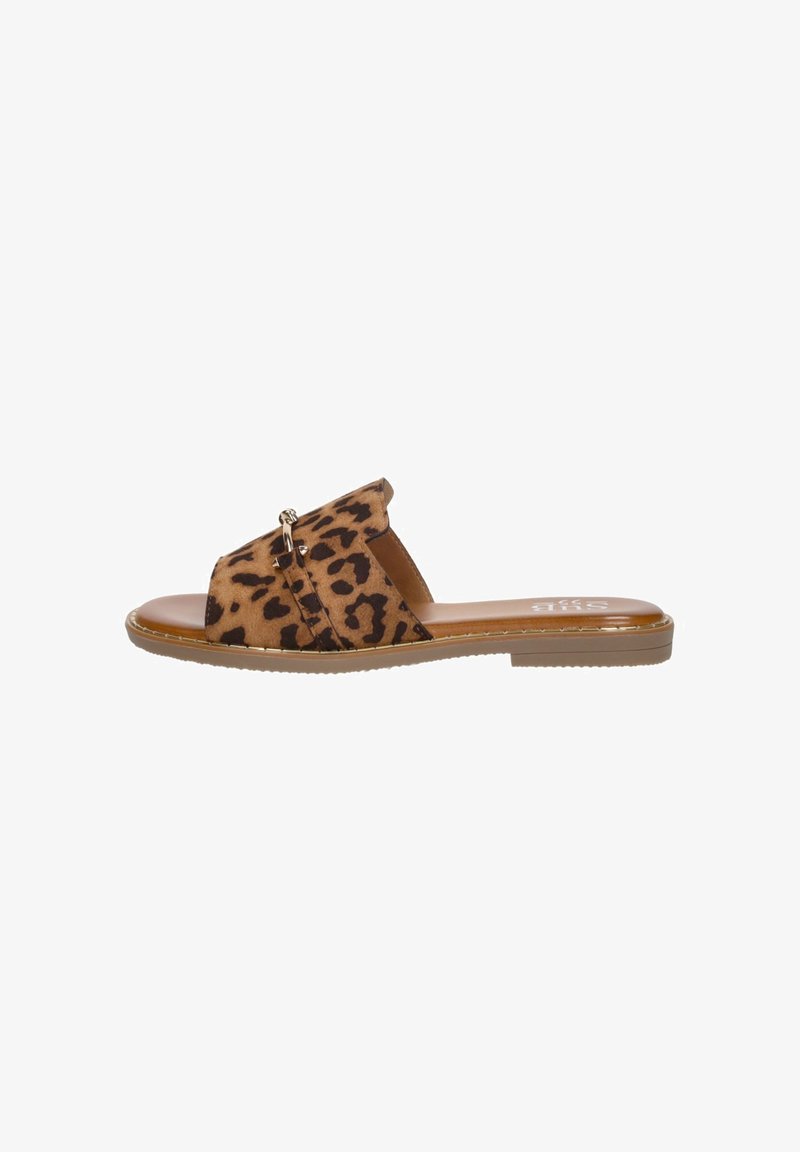 Leopard print slide sandals with a soft suede texture, featuring an open toe design and a gold accent detail on the strap. Flat sole.