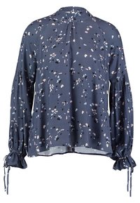 Marinblus med blommönster i rosa, grått och svart. Har en hög krage och puffärmar med knytningar vid ärmsluten. Smidigt tyg.