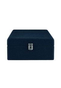 Navy blue box with a textured finish, featuring a secure metal clasp. Square shape, smooth edges, and uniform design throughout.