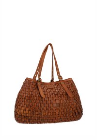 Brown leather handbag with woven texture, double shoulder straps with adjustable buckles, and metal rivet details.