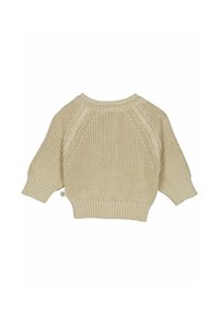 Béžový pletený svetr s kulatým výstřihem, ribkovaným lemem a tříčtvrtečními rukávy. Obsahuje texturovaný vzor na zadní straně.