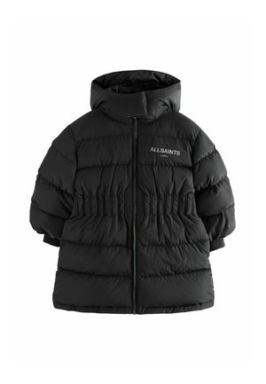 Schwarze Daunenjacke mit hohem Kragen, Reißverschluss vorne und gerafftem Taillendetail, aus gestepptem Material mit einer glatten Textur und Logo-Stickerei.