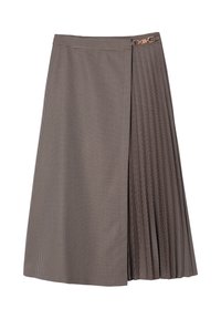 Põlve pikkune, volditud seelik houndstooth mustriga beeži ja musta värvigammaga, külgklambritega ja sileda tekstuuriga.