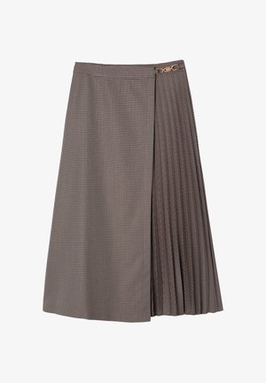 Põlve pikkune, volditud seelik houndstooth mustriga beeži ja musta värvigammaga, külgklambritega ja sileda tekstuuriga.