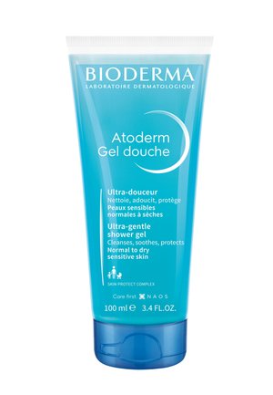 Bioderma Atoderm Duschgel in einer durchsichtigen türkisfarbenen Tube, ausgestattet mit einem Klappdeckel, enthält 100 ml ultra-sanftes Duschgel für empfindliche Haut.
