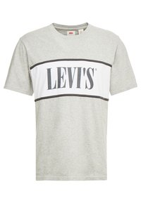 Camiseta de algodón gris con una franja horizontal blanca que lleva "LEVI'S" en letras negras, de mangas cortas y con cuello redondo.