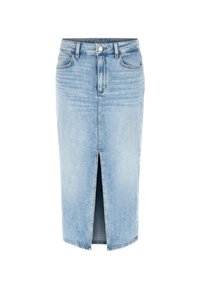 Jupe midi en denim bleu clair avec une fente sur le devant, cinq poches, une fermeture à boutons et des passants pour ceinture. La texture décolorée ajoute des détails subtils.