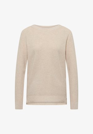 Beige knit sweater with long sleeves, crew neck, and a slightly longer back hem.
