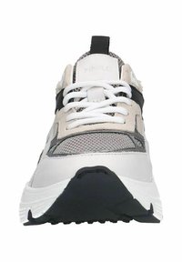 Sneakers feature a mix of white, grey, and black materials, with mesh panels, a cushioned sole, and prominent laces. Rounded toe, textured accents.