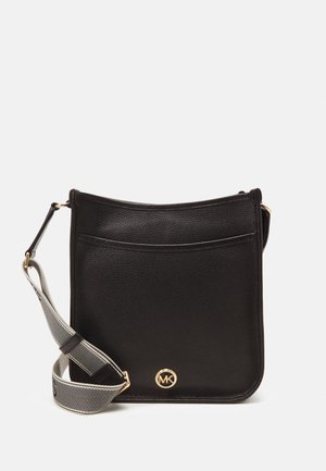Black leather crossbody bag with a textured surface, a gold logo, and a patterned strap. Features a simple, rectangular shape.
