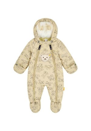 Beżowy kocykowy kombinezon z nadrukiem misia, z zamkiem z przodu, miękko podszytym kapturem i nogawkami. Posiada aplikację misia na klatce piersiowej.