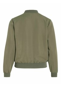 Veste bomber vert olive avec col, poignets et taille côtelés, vue de dos avec manches longues et tissu lisse.