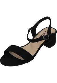 Sandalo in suede nero con due fasce larghe, cinturino alla caviglia con fibbia e tacco quadrato basso. Fodera interna liscia e cuciture minime.