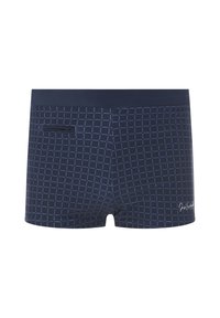 Navy blue swim shorts with a grid pattern, featuring a zipper pocket and contrast waistband. Made from stretchy material for comfort.