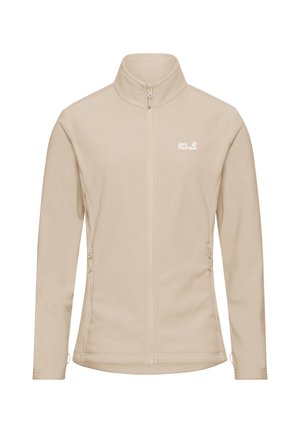 Beige fleecejack met hoge kraag, ritssluiting aan de voorkant en zijzakken. Voorzien van een wit logo op de linkerborst. Zachte textuur.