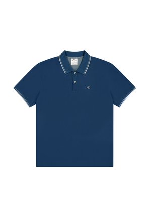 Dunkelblaues Poloshirt mit klassischem Kragen, zwei Knöpfen und kontrastierenden hellblauen Streifen am Kragen und den Ärmelbündchen. Aus Baumwollmischgewebe.