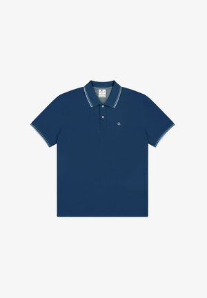 Dunkelblaues Poloshirt mit klassischem Kragen, zwei Knöpfen und kontrastierenden hellblauen Streifen am Kragen und den Ärmelbündchen. Aus Baumwollmischgewebe.