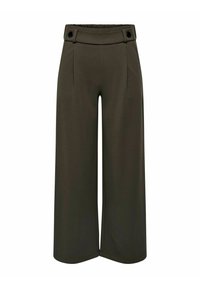 Szerokie spodnie w ciemnooliwkowym kolorze, charakteryzujące się wysokim krokiem, dwoma fałdami z przodu oraz dekoracyjnymi guzikami w pasie.