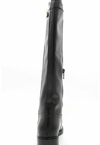 Bottes en cuir noir hauteur genou avec une finition lisse, détail de fermeture éclair sur le côté et coutures renforcées sur la tige pour plus de durabilité.