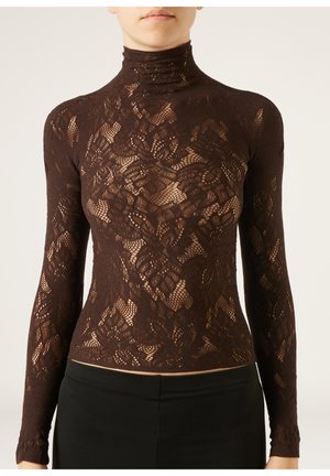 Top in pizzo marrone con collo alto e maniche lunghe, caratterizzato da intricati motivi floreali e una silhouette aderente. Tessuto morbido e trasparente.