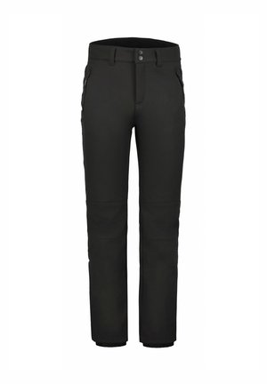 Zwarte softshellbroek met een tapered design, voorzien van twee ritszakken aan de zijkant en een tailleband met dubbele knoopsluiting. Soepele textuur.