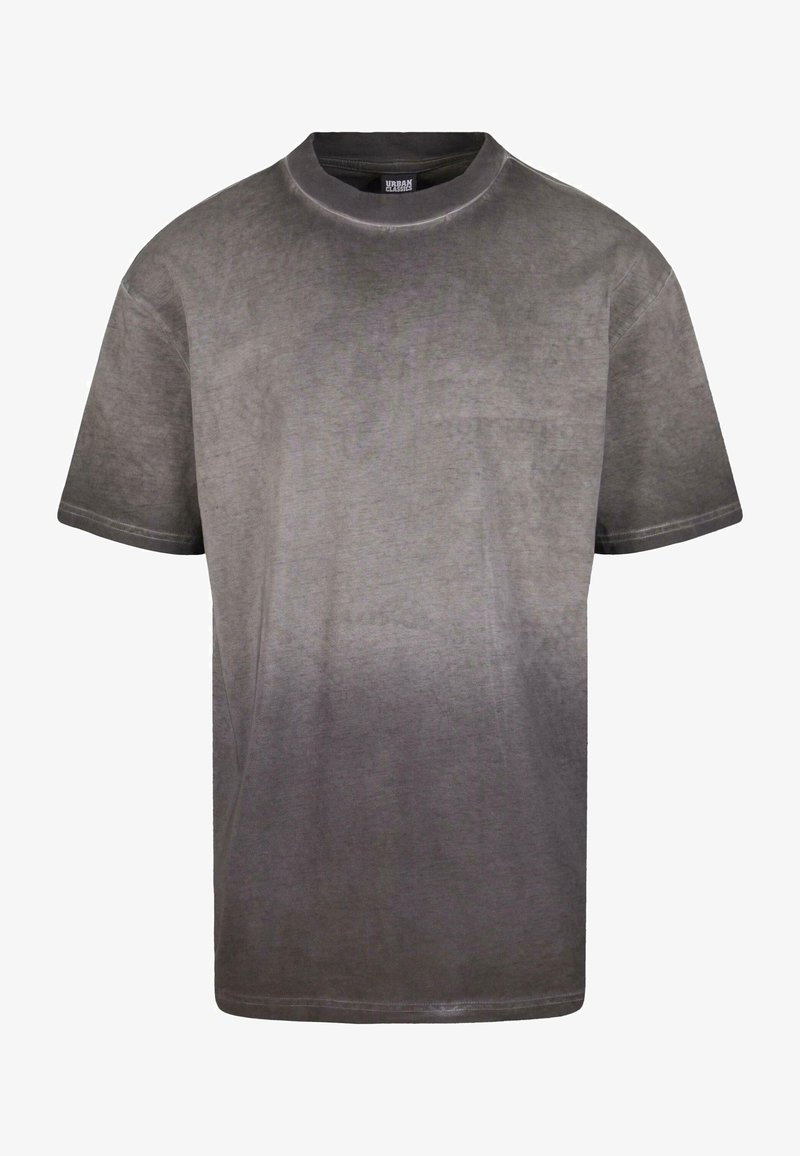 T-shirt gris foncé à manches courtes et col rond avec une texture légèrement délavée, présenté de face sur fond blanc.