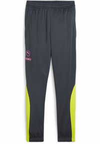 Donkergrijze sportbroek van een lichtgewicht, gestructureerde stof. Heeft neonkleurige gele zijpanelen en roze logo's aan de voorkant. Elastische tailleband.