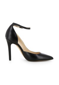 Scarpa con tacco alto in pelle nera, punta affusolata e cinturino alla caviglia. Presenta un esterno liscio e un tacco a stiletto snello.