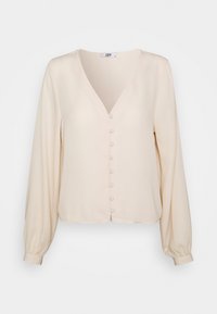 Cremfarbener Bluse mit V-Ausschnitt, langen puffärmel und Knopfleiste vorne. Glattes Material mit einem leicht lockeren Schnitt am Saum.