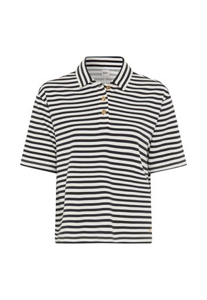 Black and white horizontal striped short-sleeve polo shirt with three gold buttons and a classic collar.