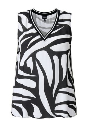 Top bez rukávů s výstřihem do V a černo-bílým abstraktním zebrovým vzorem s proužkovaným ohraničením u výstřihu.