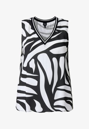 Top bez rukávů s výstřihem do V a černo-bílým abstraktním zebrovým vzorem s proužkovaným ohraničením u výstřihu.