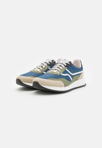 Sneakers with a blue, green, and beige color scheme; textile and suede materials, lace-up design, white side accents, rubber sole.