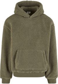 Sweat à capuche en polaire sherpa vert olive avec poche kangourou à l'avant, poignets et ourlet côtelés, et capuche.