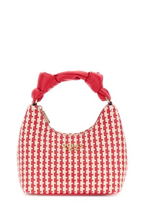 Borsa intrecciata rossa e bianca con manico annodato rosso e dettaglio del logo dorato. Texture morbida, forma arrotondata e cuciture a contrasto.