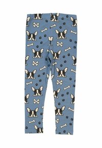 Blå leggings med ett upprepat mönster av svarta och vita franska bulldogans ansikten, ben och tassavtryck. Mjuk bomullstyg.