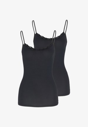 Deux camisoles noires pour femmes avec de fines bretelles et une bordure en dentelle le long de l'encolure, présentées côte à côte sur un fond blanc.