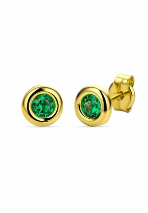 Gouden studs met ronde, facette groene kristallen in ronde zettingen met gladde, glanzende oppervlakken.
