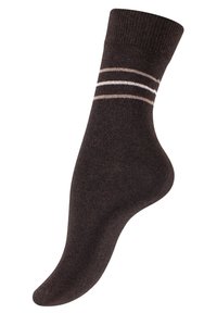 Calzino di cotone marrone con una fascia a coste e due strisce orizzontali di un beige chiaro. Tessitura liscia e forma sagomata per supportare il piede.