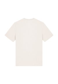 T-shirt à manches courtes en beige clair, fabriqué en coton doux ; présente un design simple avec un col rond et un ourlet droit. Pas de graphismes présents.