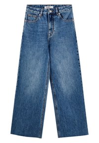 Jean en denim bleu taille haute à jambes larges avec poches avant et arrière, fermeture éclair, bouton, et passants pour ceinture.