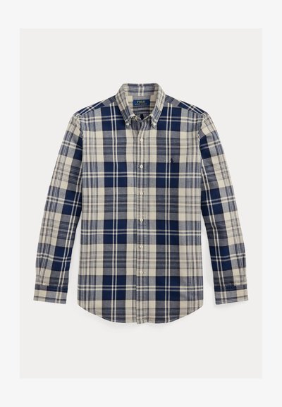 Niebiesko-beżowa koszula w kratę z długim rękawem i kołnierzem na guziki, z małym logo i zaokrąglonym dołem. Bawełniana tkanina o miękkiej fakturze.
