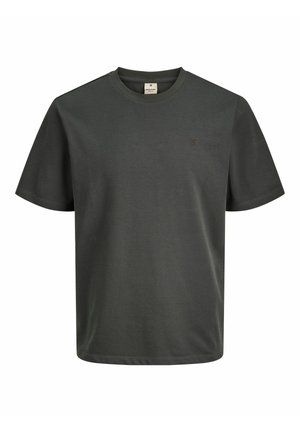 Plain dark green t-shirt with a round neckline and short sleeves, featuring a small logo on the chest.