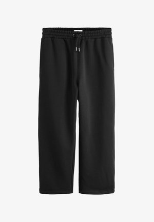 Sorte viddebenede sweatpants med elastisk talje og justerbar snor, lavet af blødt, behageligt stof.