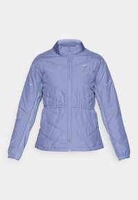 Jachetă sport de culoare violet deschis, cu fermoar în față, guler înalt, manșete elastice și model matlasat în zigzag. Prezentă un logo pe piept.